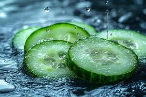 Fresh Cucumber Slices Splashing in Water for Refreshing Summer Designs photo