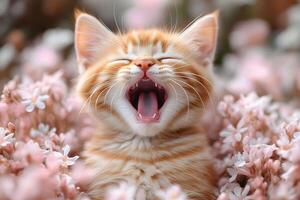 Happy Ginger Kitten in Blooming Spring Flowers for Pet Photography photo