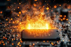 Explosive Technology Concept Close-Up of Computer Chip with Dynamic Sparks for Innovation photo