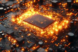 Futuristic Circuit Board with Glowing Microchip Highlighting Technology Innovation for Digital Design photo