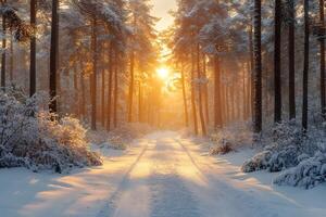 Tranquil Winter Sunrise in Snow-Covered Forest Path for Nature Print and Wall Art photo