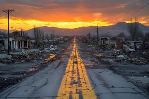Sunset Over Abandoned Street Urban Decay and Renewal Stock Photo for Design, Poster, Print
