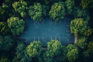 Empty Secluded Parking Lot Surrounded by Lush Green Trees in a Forested Area photo