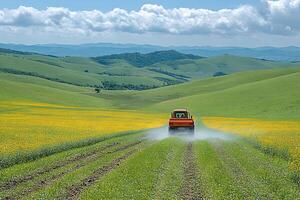 Tractor in Blooming Field Landscape Rural Spring Agriculture and Farming Concept photo