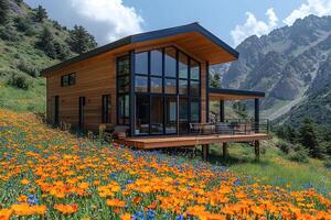 Modern Mountain Retreat with Vibrant Poppy Field for Tranquil Escapes photo
