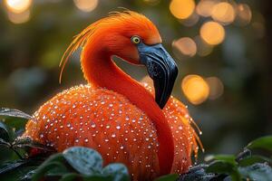 Vibrant Wet Flamingo in a Lush Forest Setting with Bokeh for Nature Photography photo
