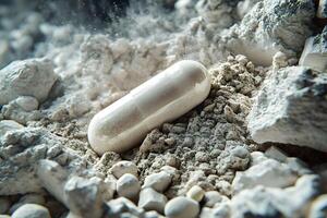 Futuristic Medicine Capsule in Dusty Terrain for Innovative Health Solutions photo