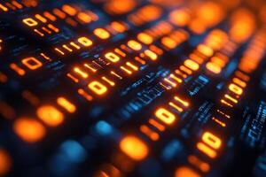 Futuristic Digital Data Stream in Orange and Blue Binary Code for Technology Design photo