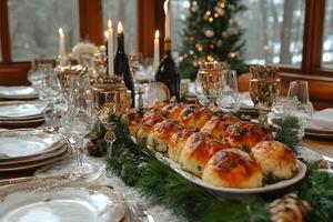 Elegant Christmas Dinner Table Setting with Festive Decor and Candlelight Ambiance photo