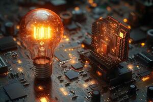 Futuristic Technology Concept Glowing Light Bulb on Circuitboard for Innovation, Design, and Energy Solutions photo