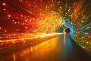 Vibrant Light Tunnel with Multicolored Streaks Creating Dynamic Energy and Motion photo