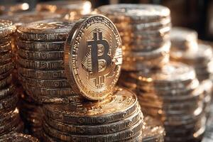 Cryptocurrency Wealth Concept with Stacks of Shiny Bitcoin Coins for Finance and Investment Themes photo