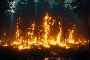 Intense Forest Fire in Dense Woodland at Night Environmental Impact and Nature's Fury photo