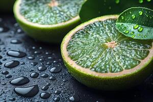 Fresh Limes with Water Droplets on Dark Background for Culinary Design and Refreshing Concepts photo