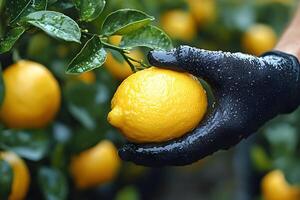 Harvesting Fresh Lemons in Orchard - Gardening and Organic Farming Concept photo