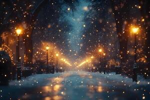 Enchanting Winter Night Scene with Falling Snow and Glowing Streetlights photo