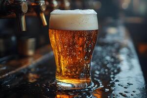 Refreshing Glass of Beer on Bar Counter with Warm Lighting for Pub and Brewery Promotion photo