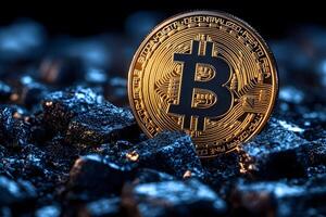 Bitcoin Cryptocurrency Coin on Shiny Black Rocks - Digital Currency, Blockchain Concept photo