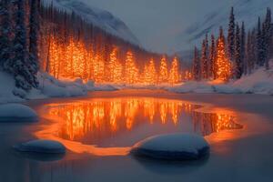 Winter Forest with Illuminated Trees by Frozen Lake at Dusk photo
