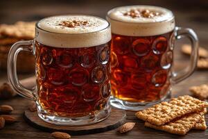 Rustic Beer Scene with Traditional Mugs and Crackers - Oktoberfest Vibes photo