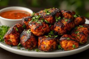 Grilled Spicy Chicken Bites with Fresh Cilantro and Tasty Sauce for Dining photo