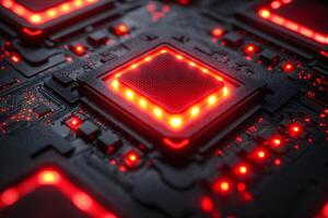 Futuristic Technology Concept with Red Illuminated Circuit Board for Tech Innovation Design photo