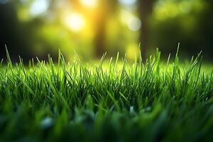 Lush Green Grass in Sunlit Morning Garden Nature Background for Posters and Prints photo