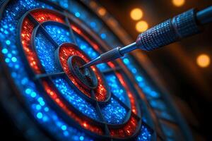Precision in Focus Dart Hitting Center of Vibrant Blue and Red Dartboard - Concept of Accuracy and Success photo
