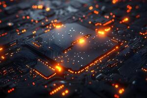 Futuristic Circuit Board Design with Glowing Microchip Elements for Technology Visualization photo