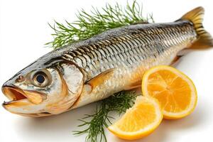 Fresh Fish with Lemon and Dill on White Background - Culinary Presentation and Ingredients photo