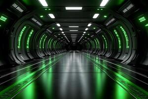 Futuristic Sci-Fi Space Station Corridor with Green LED Lighting for Digital Design and Virtual Reality Projects photo