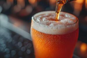 Freshly Poured Craft Beer in Glass with Foamy Head at Bar Setting photo