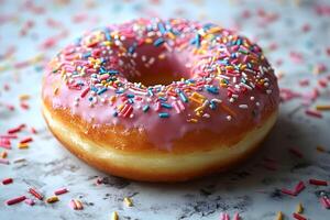 Delicious Pink Frosted Donut with Colorful Sprinkles on a Rustic Background photo