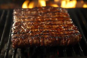 Grilled Perfection Juicy Beef Steak on Open Flame for BBQ Enthusiasts photo