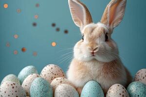 Adorable Bunny with Speckled Easter Eggs in a Festive Spring Setting photo