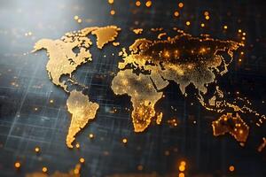 Golden Digital World Map with Global Network Connections for Technology and Business Design photo
