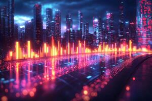 Futuristic City Skyline with Illuminated Digital Graph Overlay for Tech Design photo