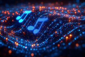 Futuristic Digital Music Concept with Glowing Neon Notes in a Virtual Landscape photo
