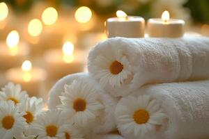 Relaxation Spa Setting with Candles, Towels, and Daisies for Serenity and Wellness photo