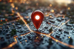 3D Location Pin on Miniature City Map for Navigation and Technology Concept photo