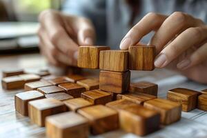 Teamwork and Strategy Building Success with Wooden Blocks for Business Concepts photo