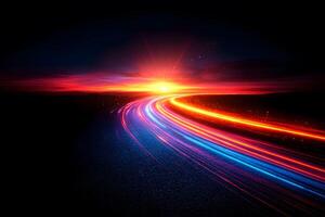Futuristic Highway at Sunrise with Vibrant Light Trails for Digital Design photo