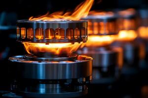 Industrial Precision and Power Close-Up of Engine Parts with Fiery Flames in Motion photo