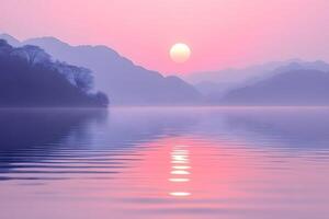 Tranquil Sunset Over Misty Mountains and Serene Lake Landscape photo
