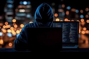 Cybersecurity Threat Concept with Hooded Figure and Programming Code for Digital Security Awareness photo