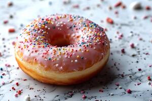 Glazed Donut with Colorful Sprinkles on Marble Surface for Breakfast or Dessert Concepts photo