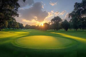 Tranquil Sunset Over Lush Golf Course Green for Leisure and Recreation Design photo