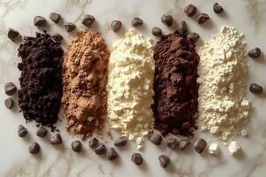 Assortment of Chocolate and Vanilla Baking Powders with Chips on Marble Surface photo