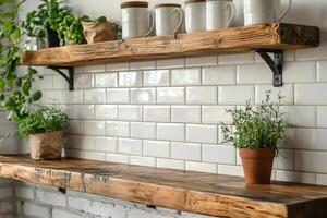 Kitchen shelves displaying aromatic herbs and ceramic mugs in rustic setting photo