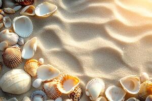 Seashells creating a frame on the beach sand under the sunlight photo